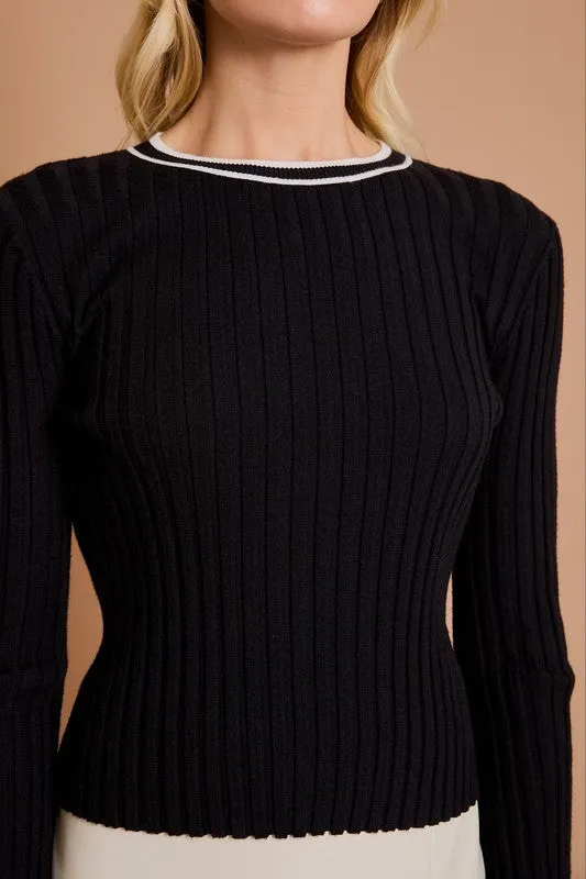 Round Neck Long Sleeve Ribbed Top