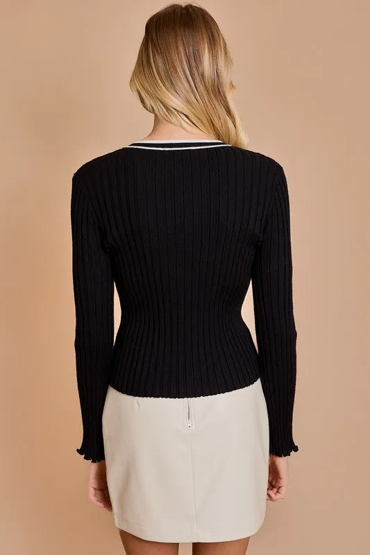 Round Neck Long Sleeve Ribbed Top