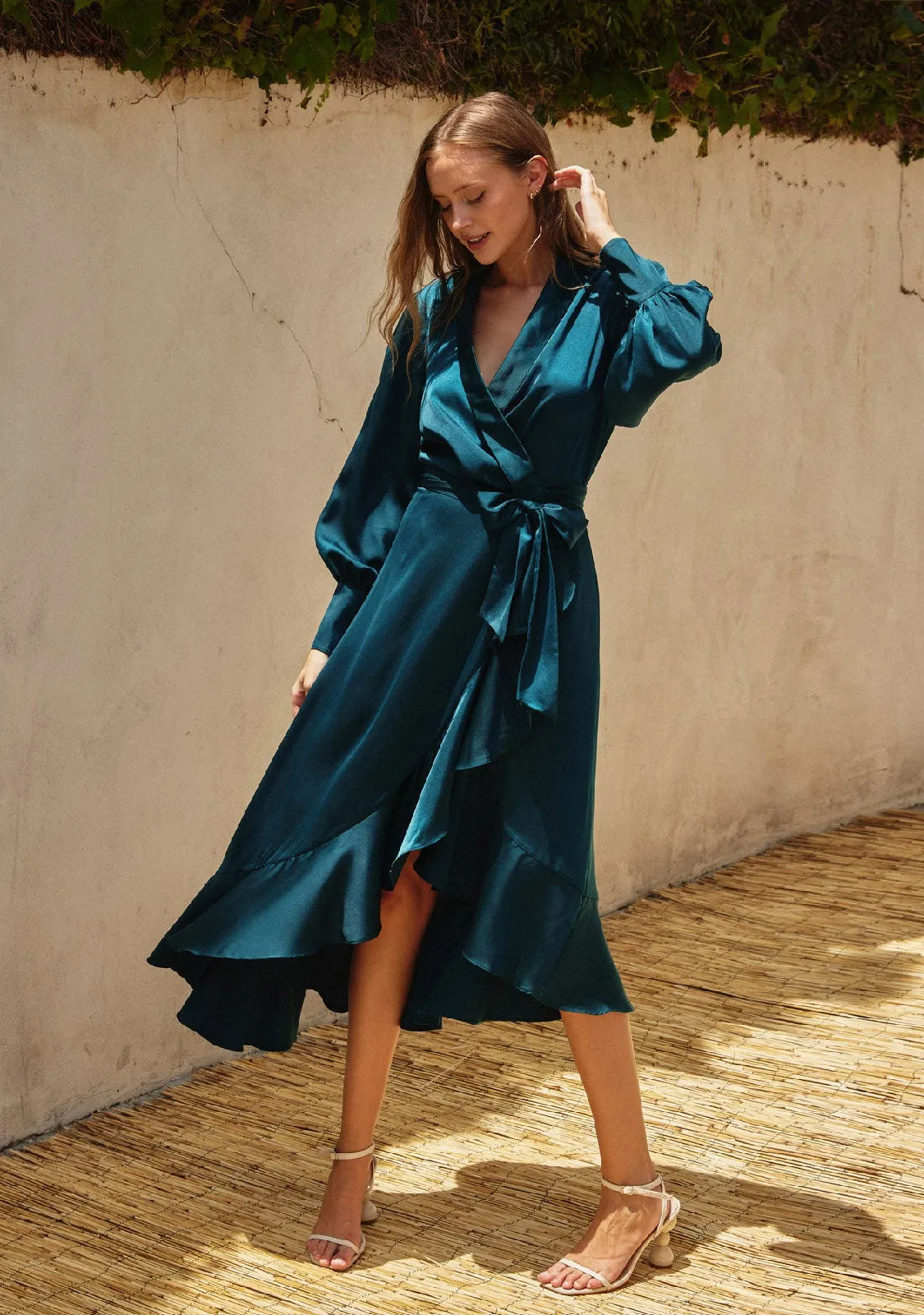 Satin Ruffled Midi Wrap Dress