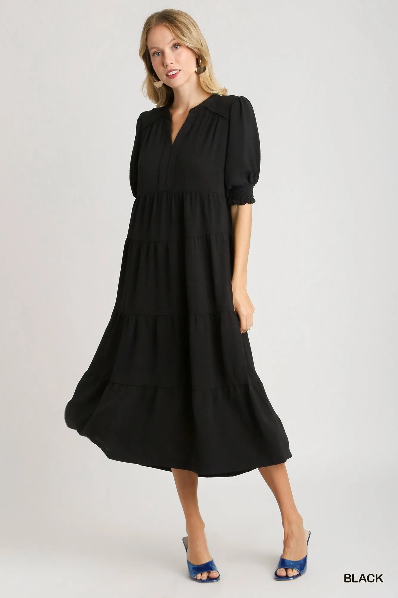 Solid Black Tiered Midi Dress