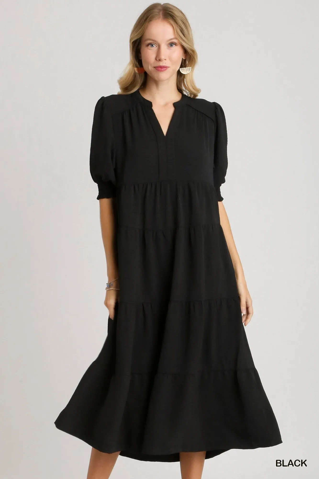 Solid Black Tiered Midi Dress