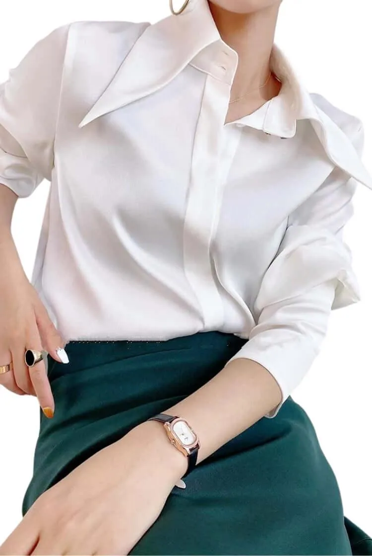 Stylish Elegant Turn Down Collar Long Sleeve Satin Shirt