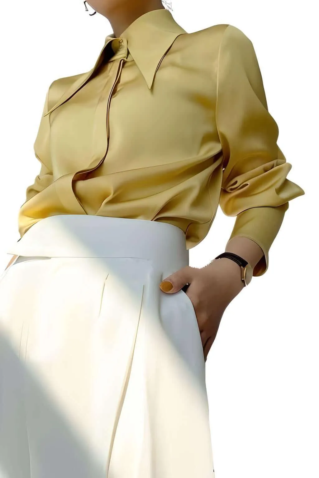 Stylish Elegant Turn Down Collar Long Sleeve Satin Shirt