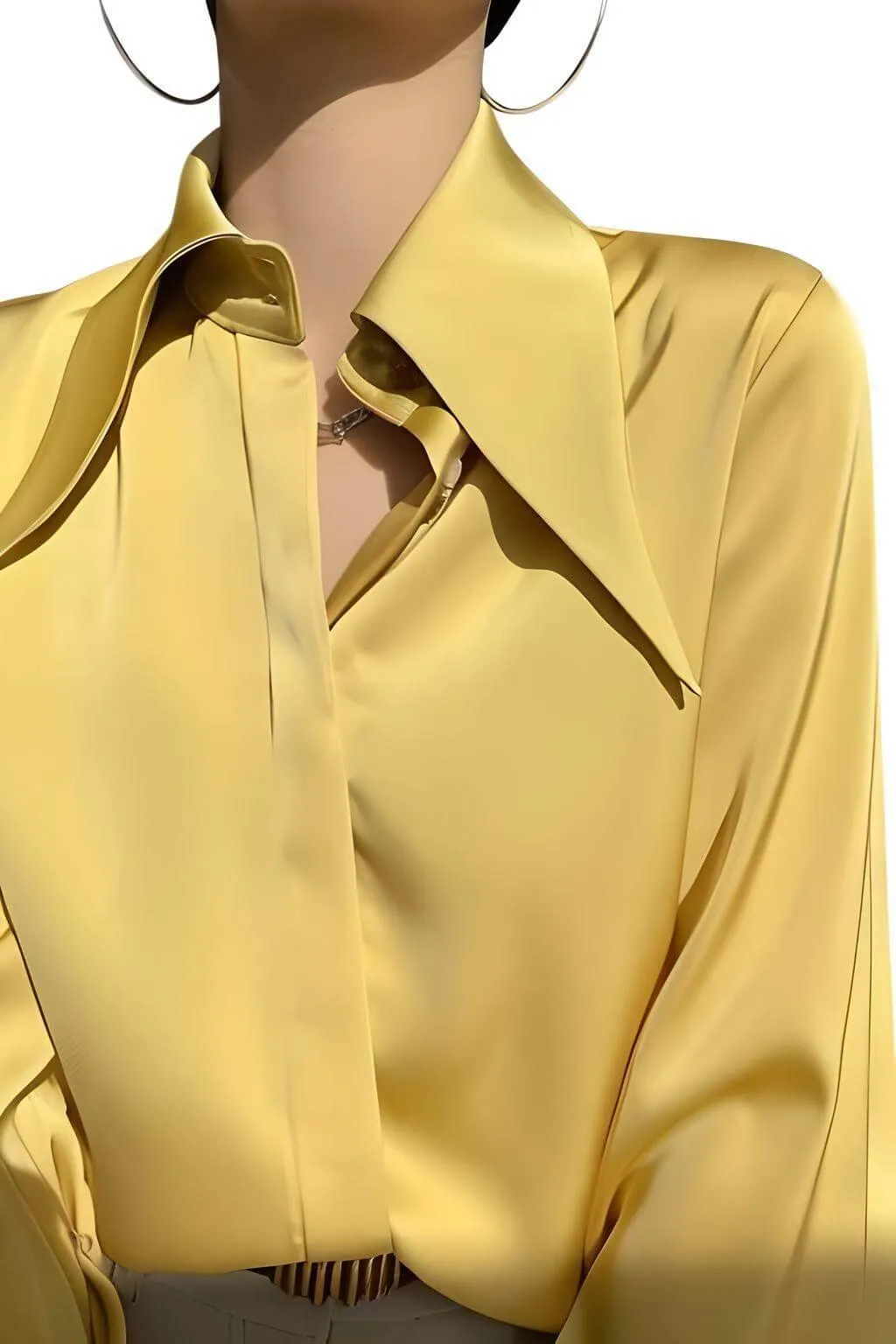 Stylish Elegant Turn Down Collar Long Sleeve Satin Shirt