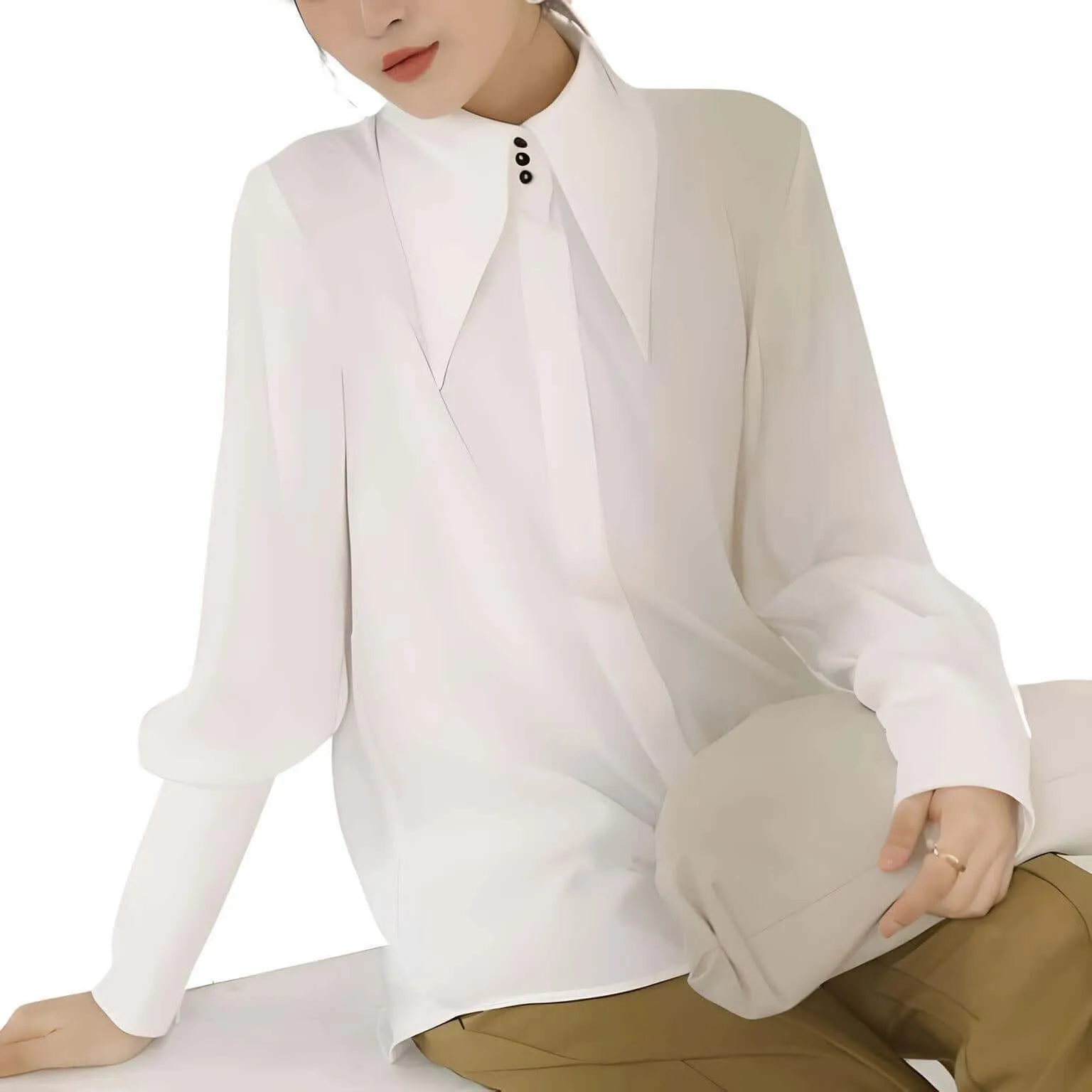 Stylish Elegant Turn Down Collar Long Sleeve Satin Shirt