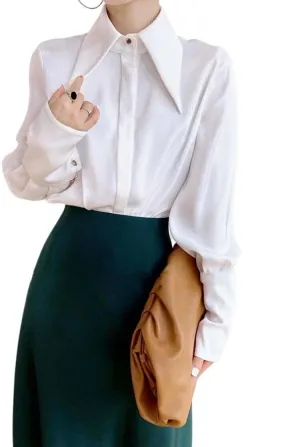 Stylish Elegant Turn Down Collar Long Sleeve Satin Shirt