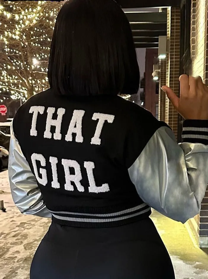 That Girl varsity Leather Sleeve jacket