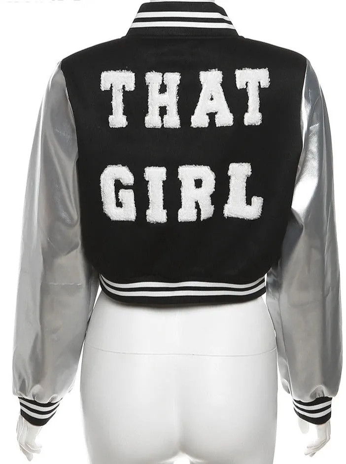 That Girl varsity Leather Sleeve jacket