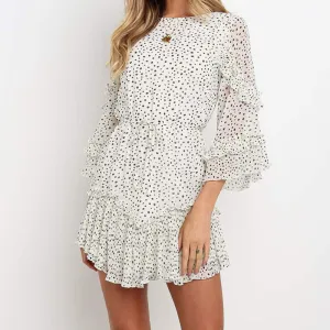 Trendy O neck three quarter sleeve flare women dress short boho clothing spring summer Guangzhou lady garment