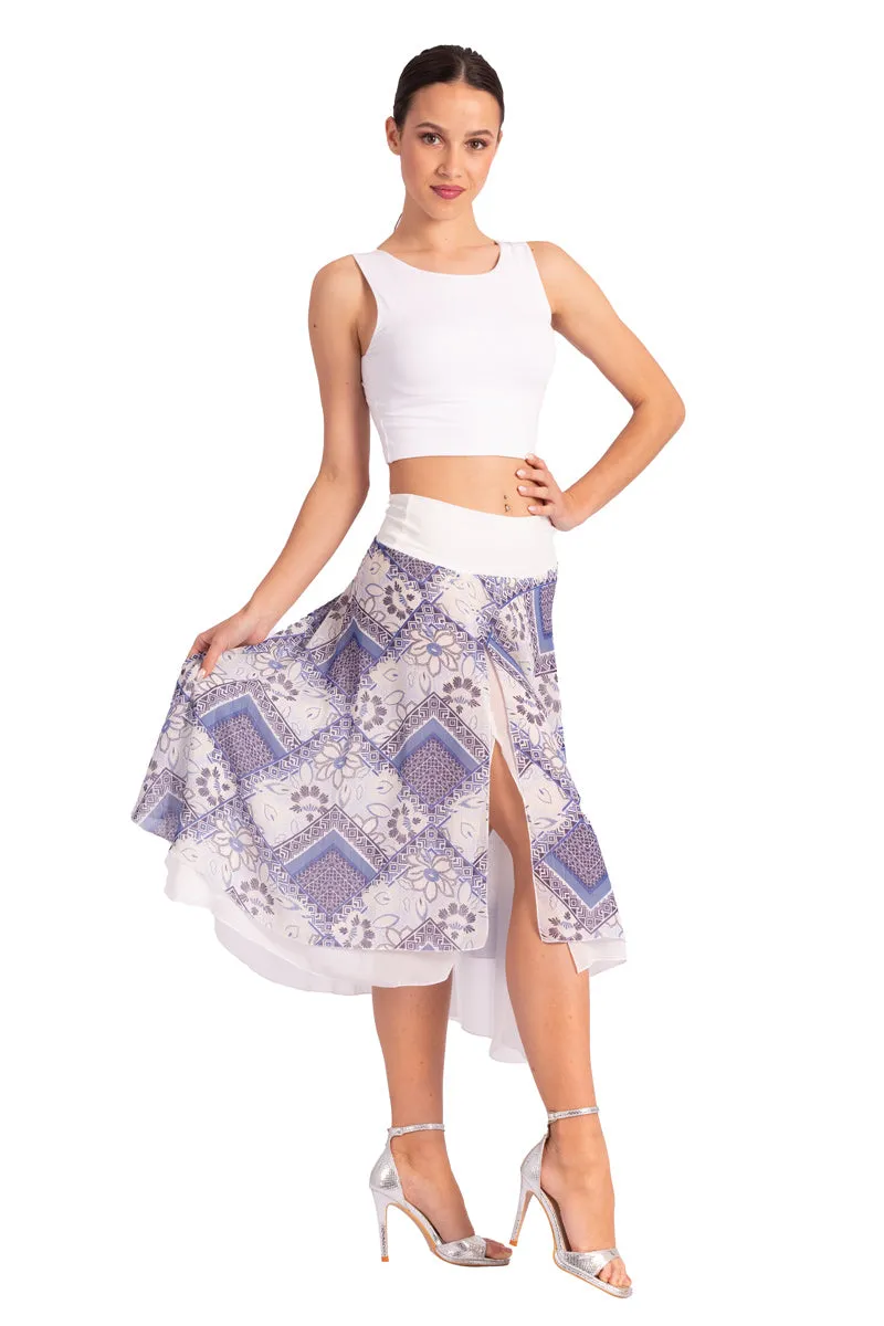 Two-layer Blue Mixed Print Georgette Dance Skirt