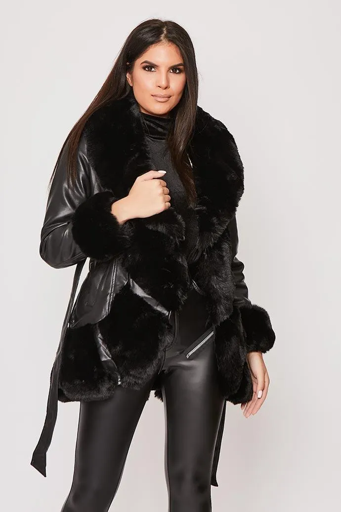 Valentina - Black Faux Fur Trim Belted Coat