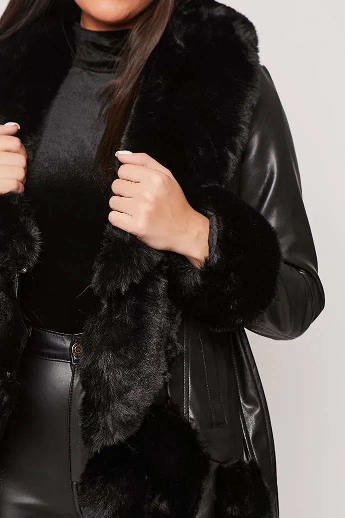 Valentina - Black Faux Fur Trim Belted Coat