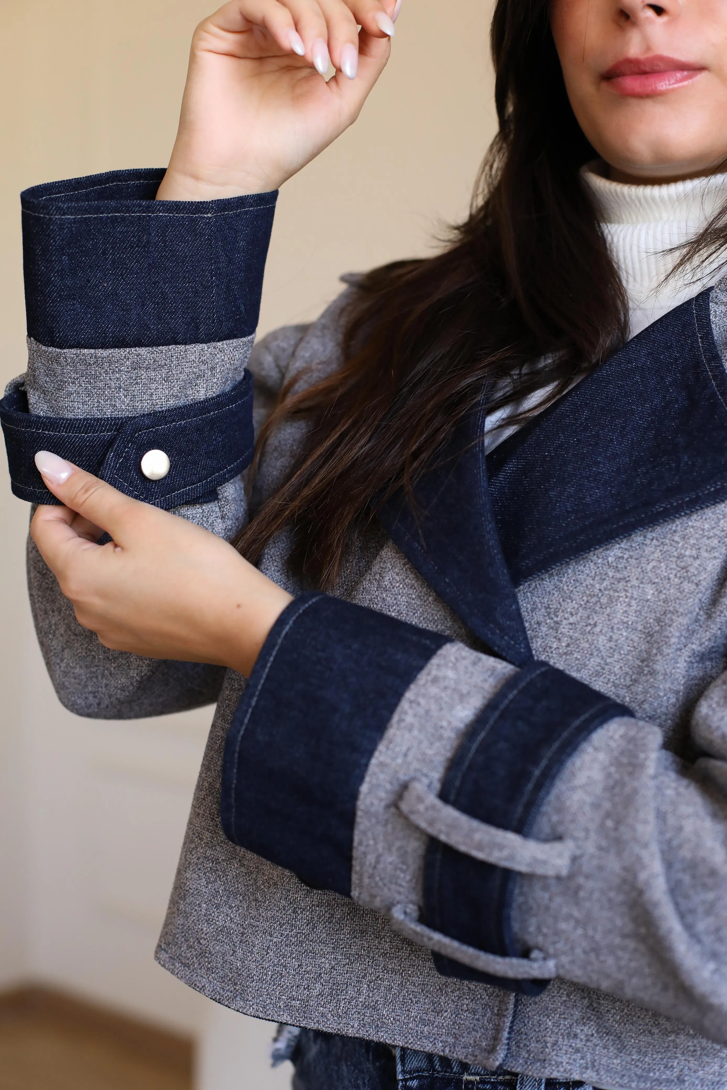 Velvet wool X Denim Cropped Coat -blue