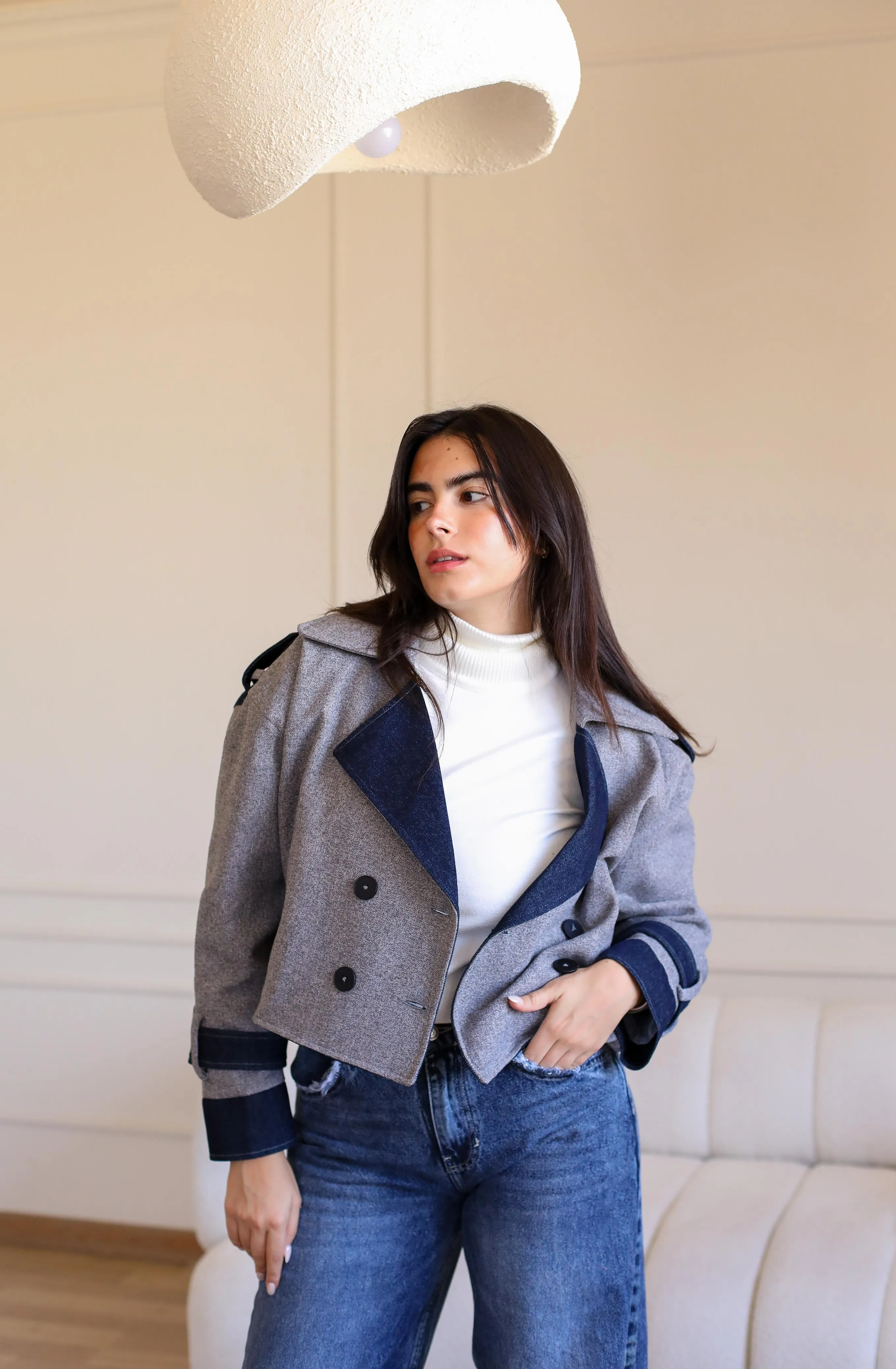 Velvet wool X Denim Cropped Coat -blue