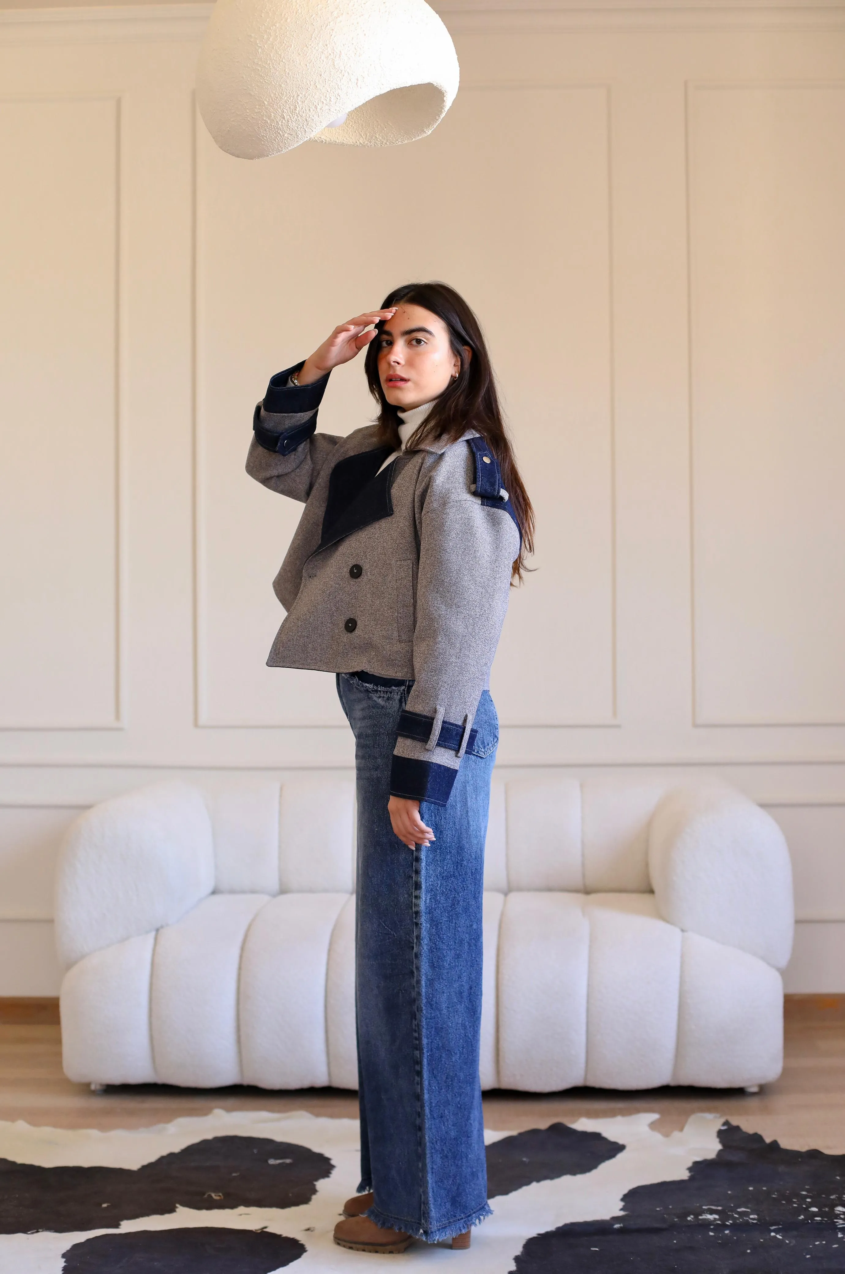 Velvet wool X Denim Cropped Coat -blue