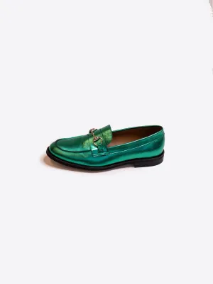 Vilagallo Green Metallic Leather Buckle Loafer