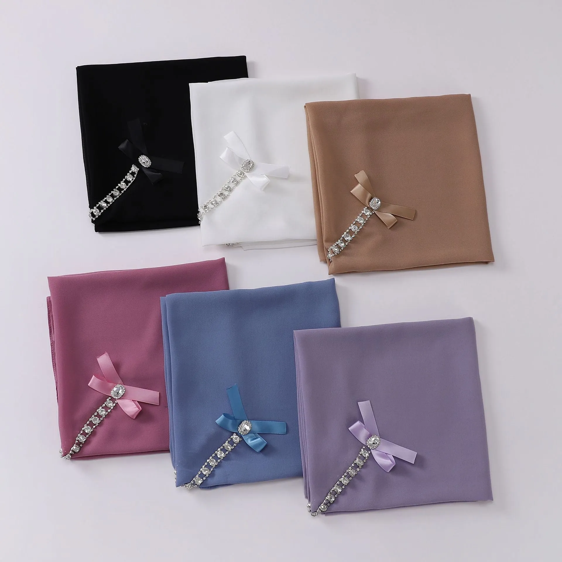 W-0117 90*90 plain pearl chiffon rhinestone bowknot hijab scarf