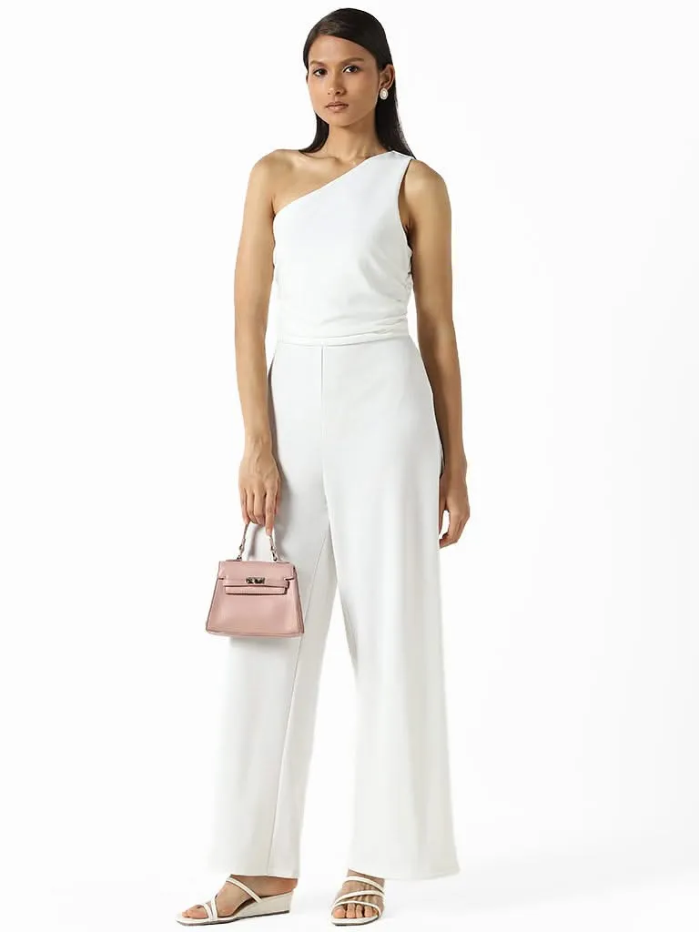 Wardrobe Solid White One-Shoulder Jumpsuit