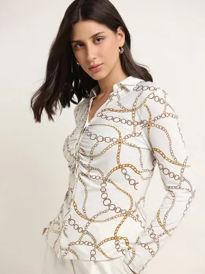 Wardrobe White Chain-Detailed Ruched Shirt