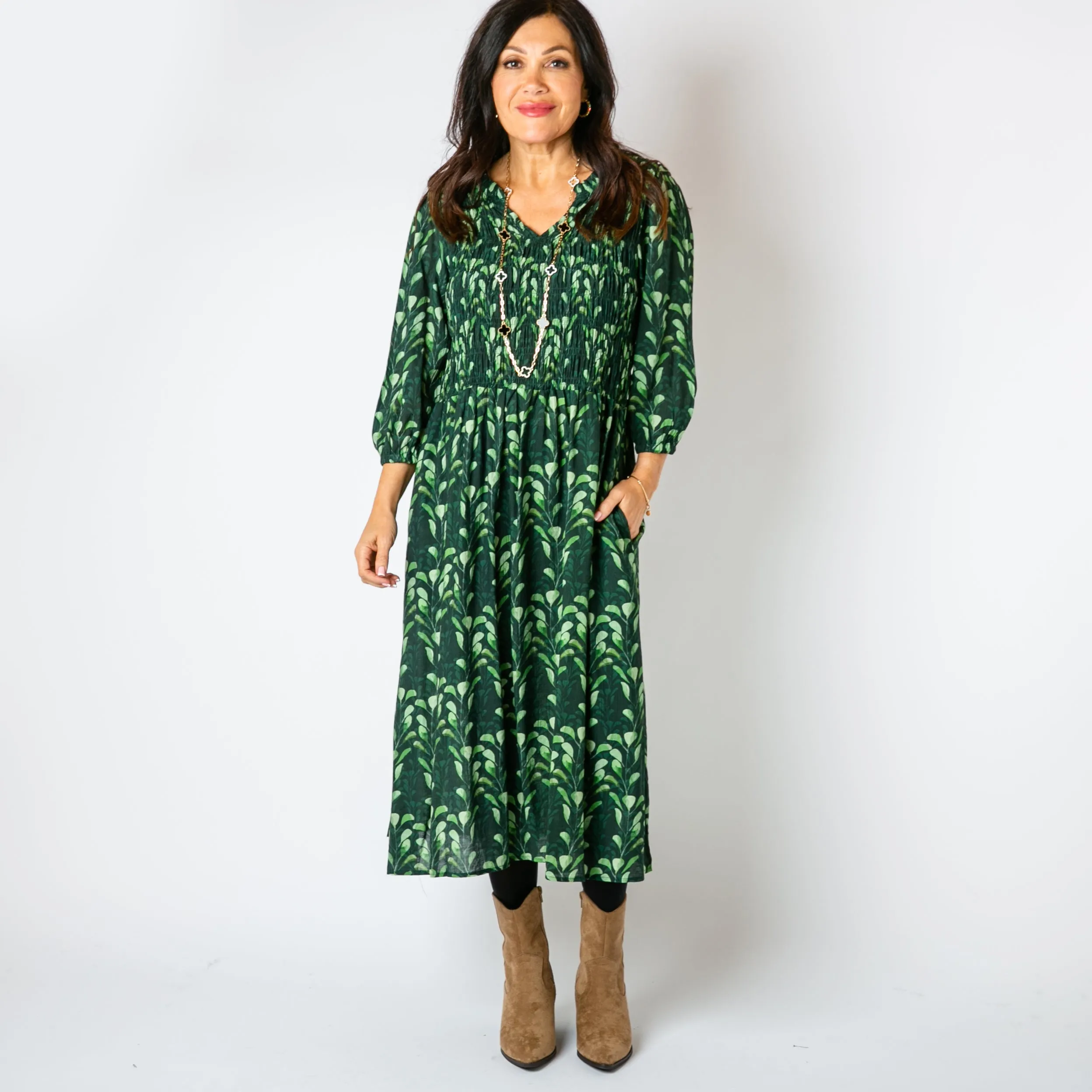 Watercolour Leaf Shirred Dress