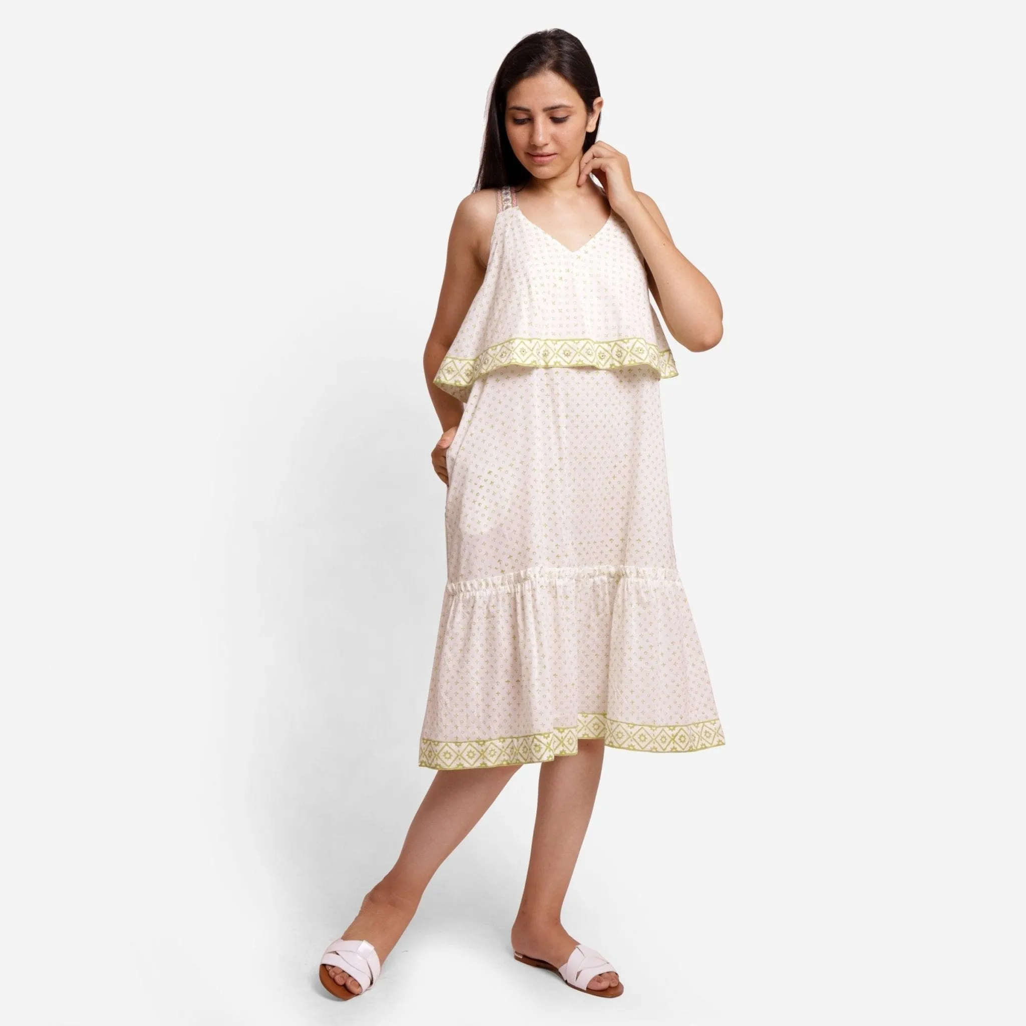 White Block Printed Cotton Midi Slip Dress