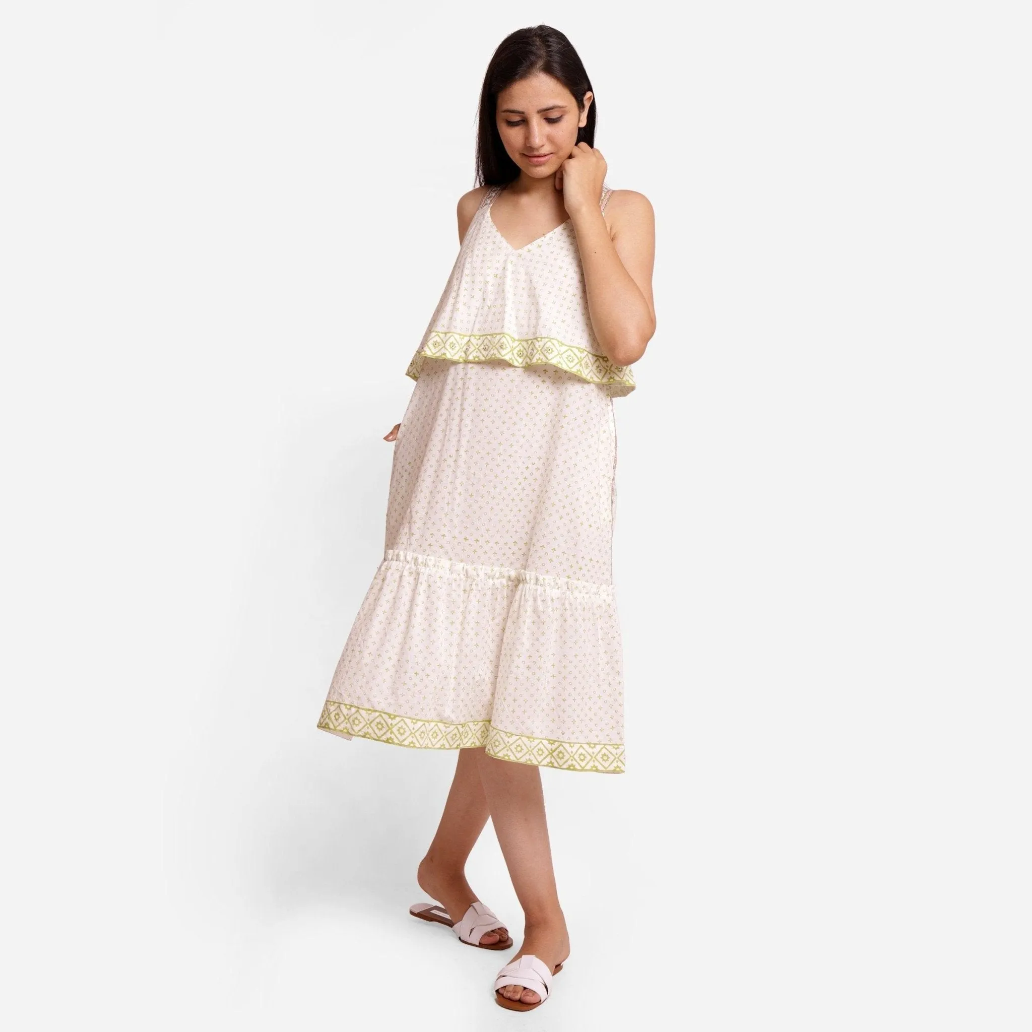 White Block Printed Cotton Midi Slip Dress