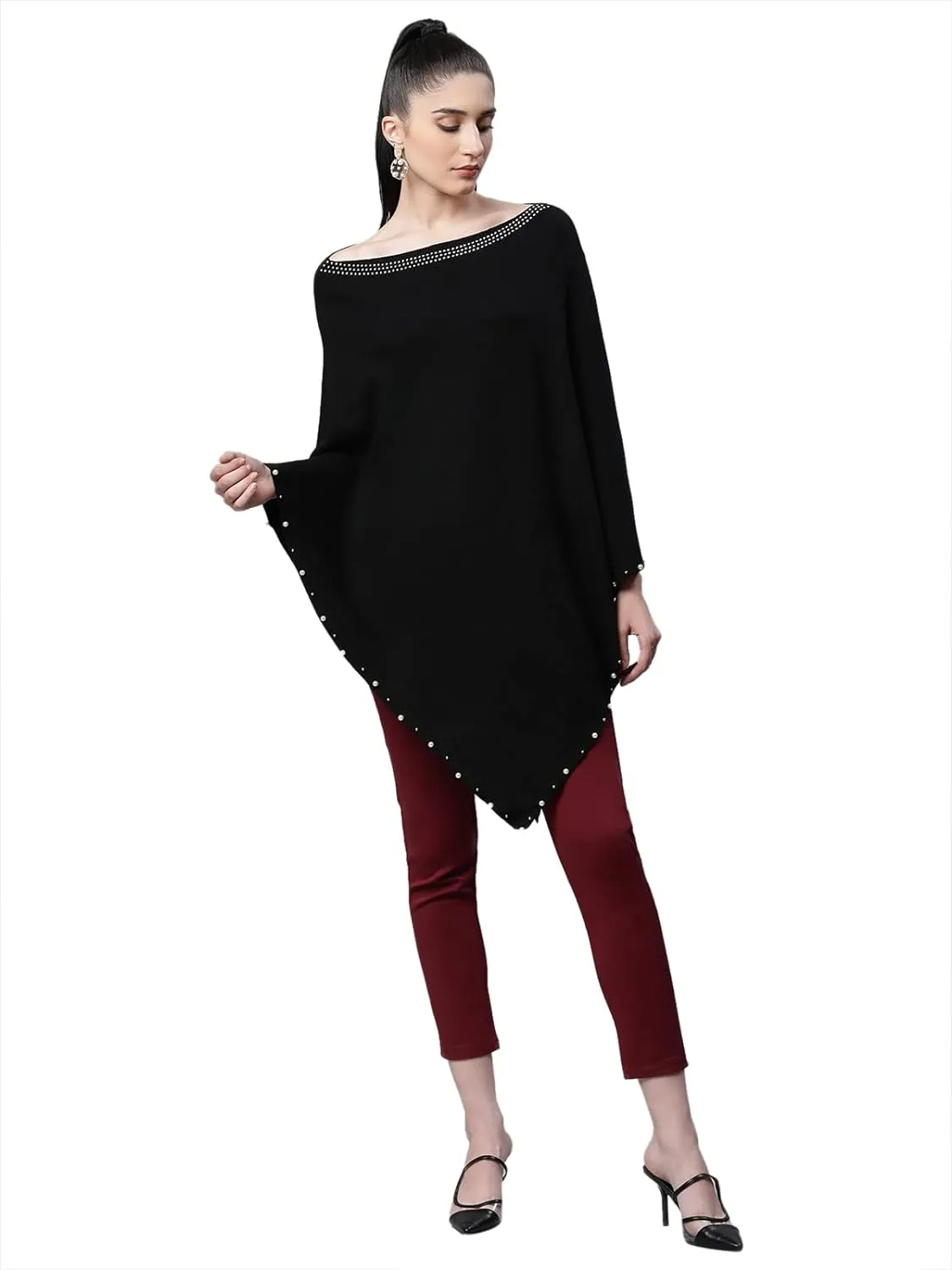 Women Solid Black One Shoulder Woolen Loose Fit Casual Poncho