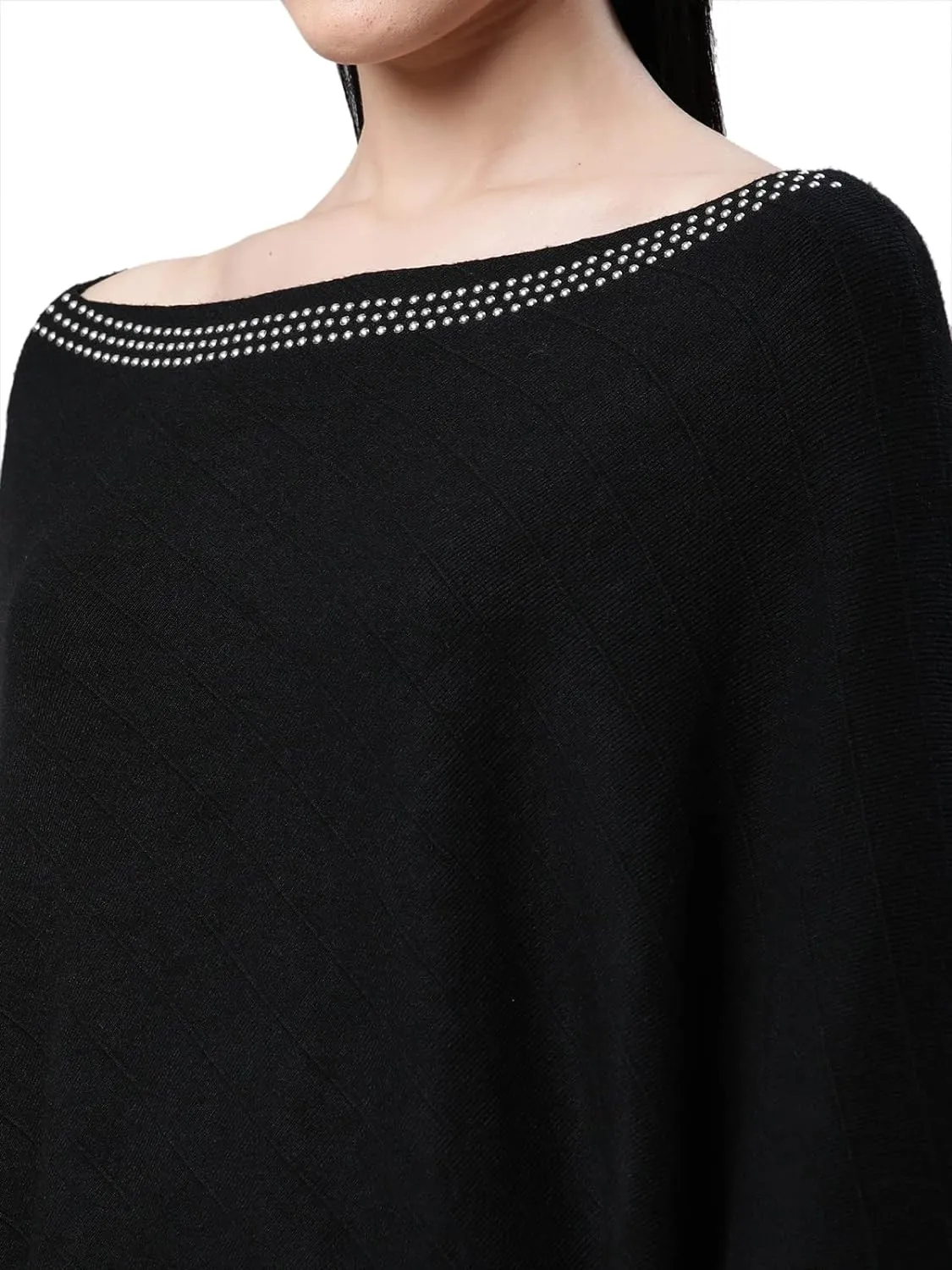 Women Solid Black One Shoulder Woolen Loose Fit Casual Poncho