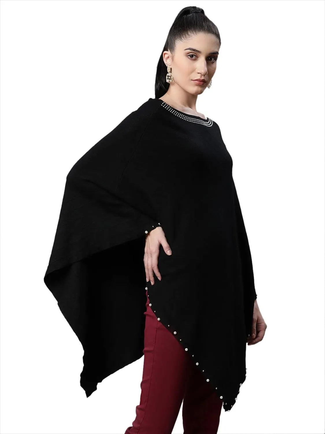 Women Solid Black One Shoulder Woolen Loose Fit Casual Poncho