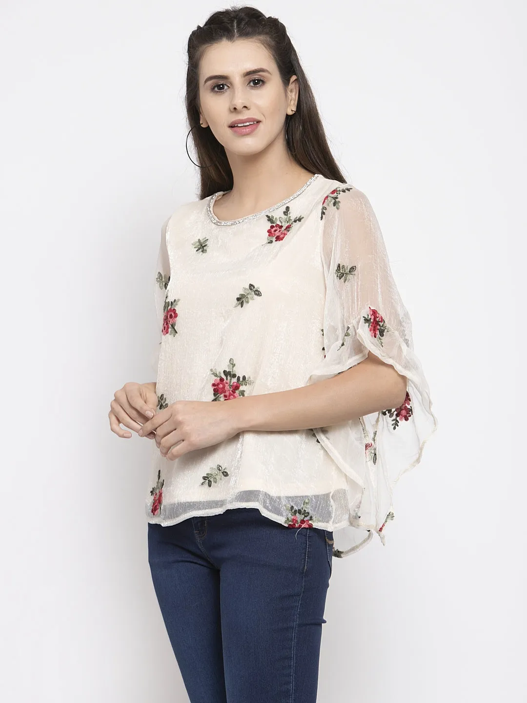 Women White Top With Embroidered Net Layer