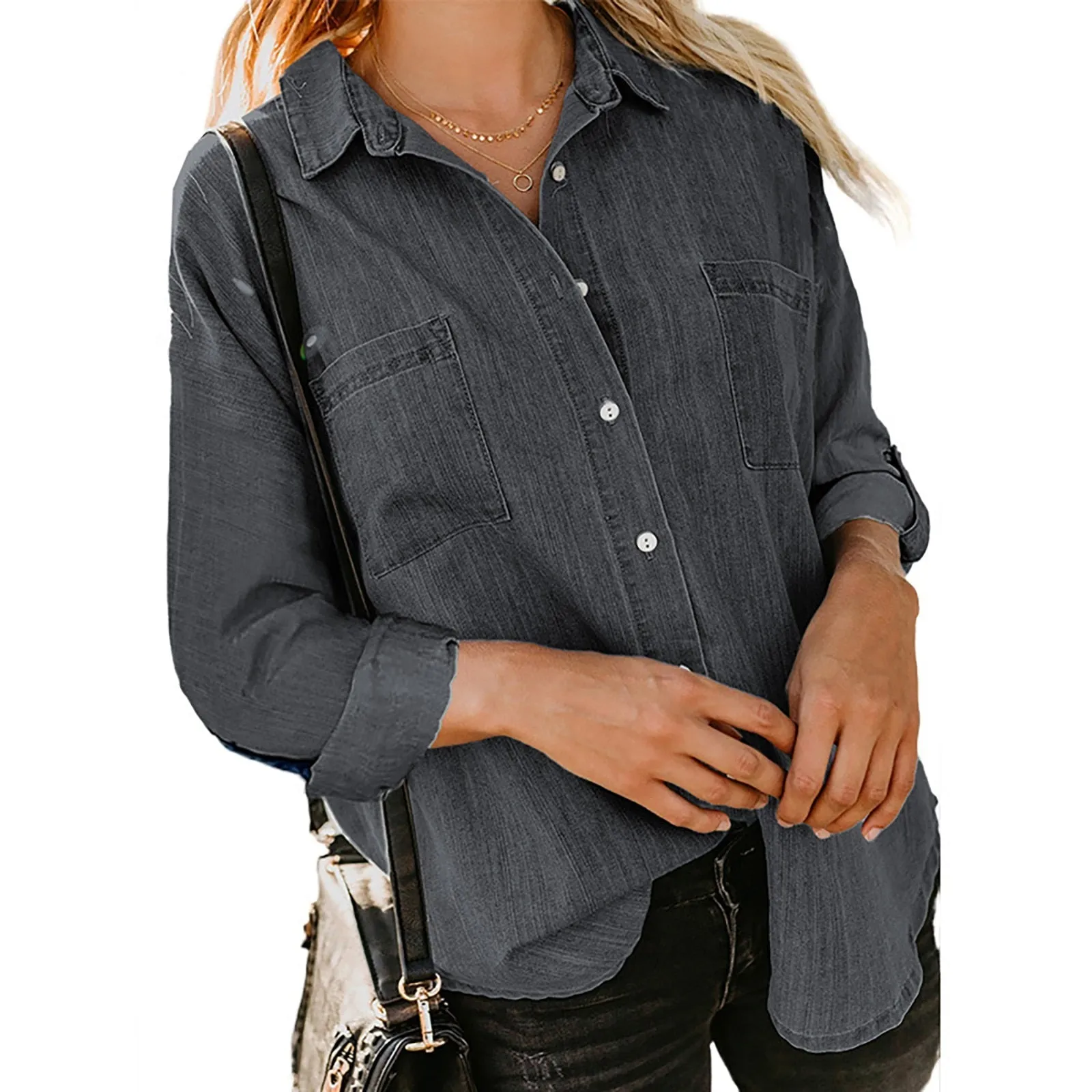 Women'S Denim Shirt Loose Double Pocket Long Sleeved Versatile Casual Blouses - WSB8542