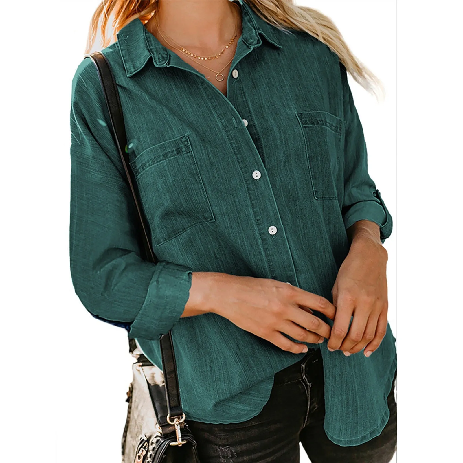 Women'S Denim Shirt Loose Double Pocket Long Sleeved Versatile Casual Blouses - WSB8542