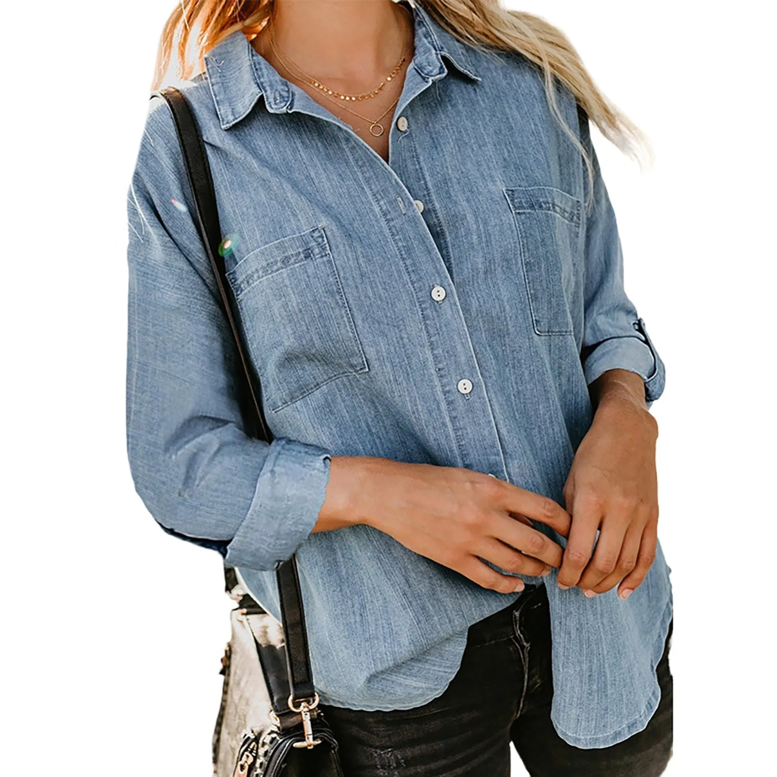 Women'S Denim Shirt Loose Double Pocket Long Sleeved Versatile Casual Blouses - WSB8542