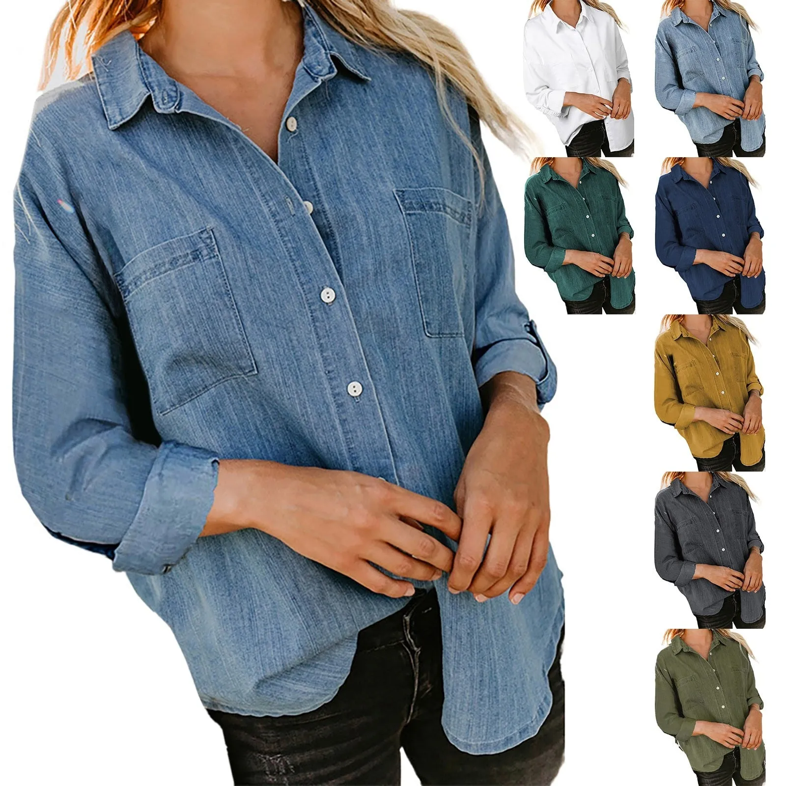 Women'S Denim Shirt Loose Double Pocket Long Sleeved Versatile Casual Blouses - WSB8542