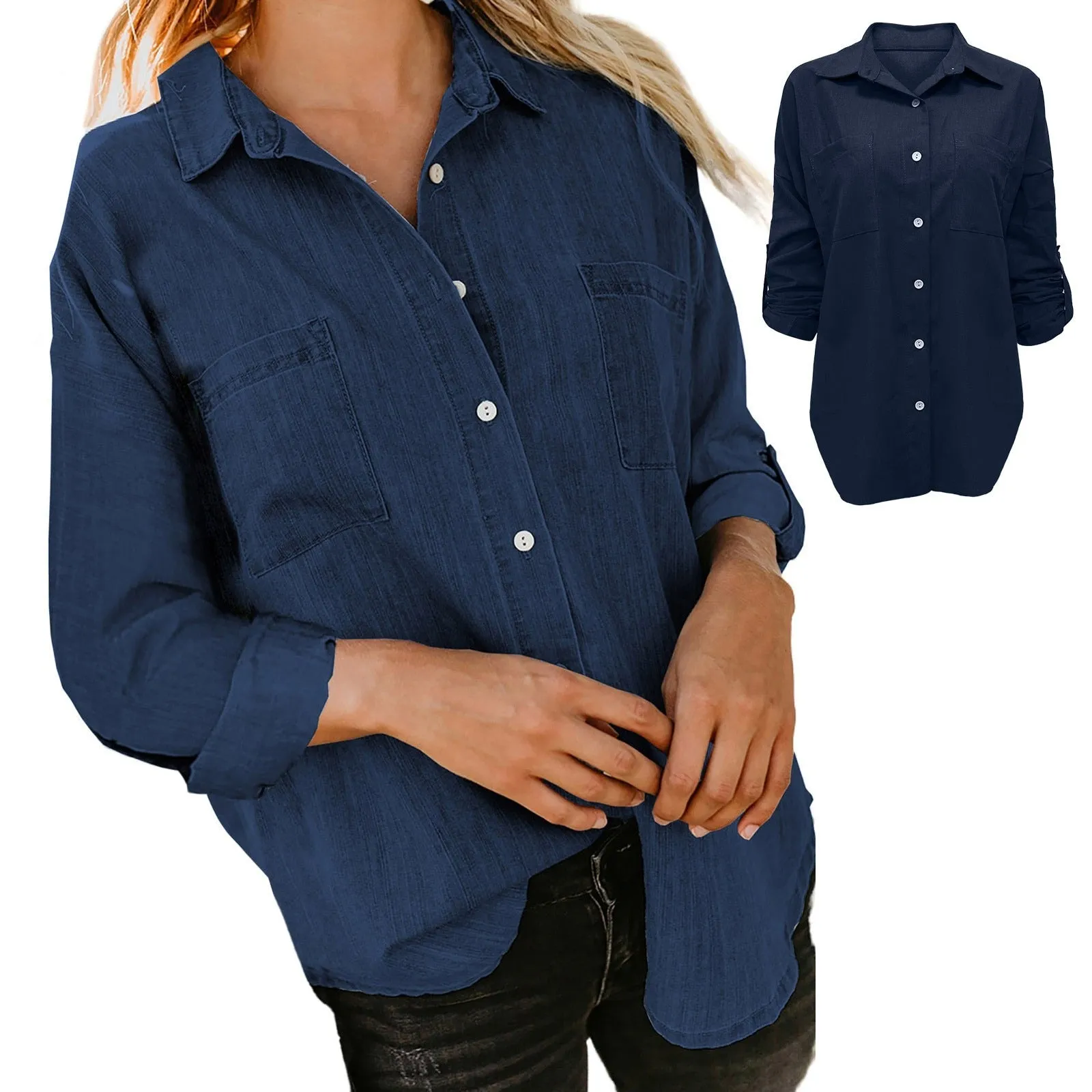 Women'S Denim Shirt Loose Double Pocket Long Sleeved Versatile Casual Blouses - WSB8542