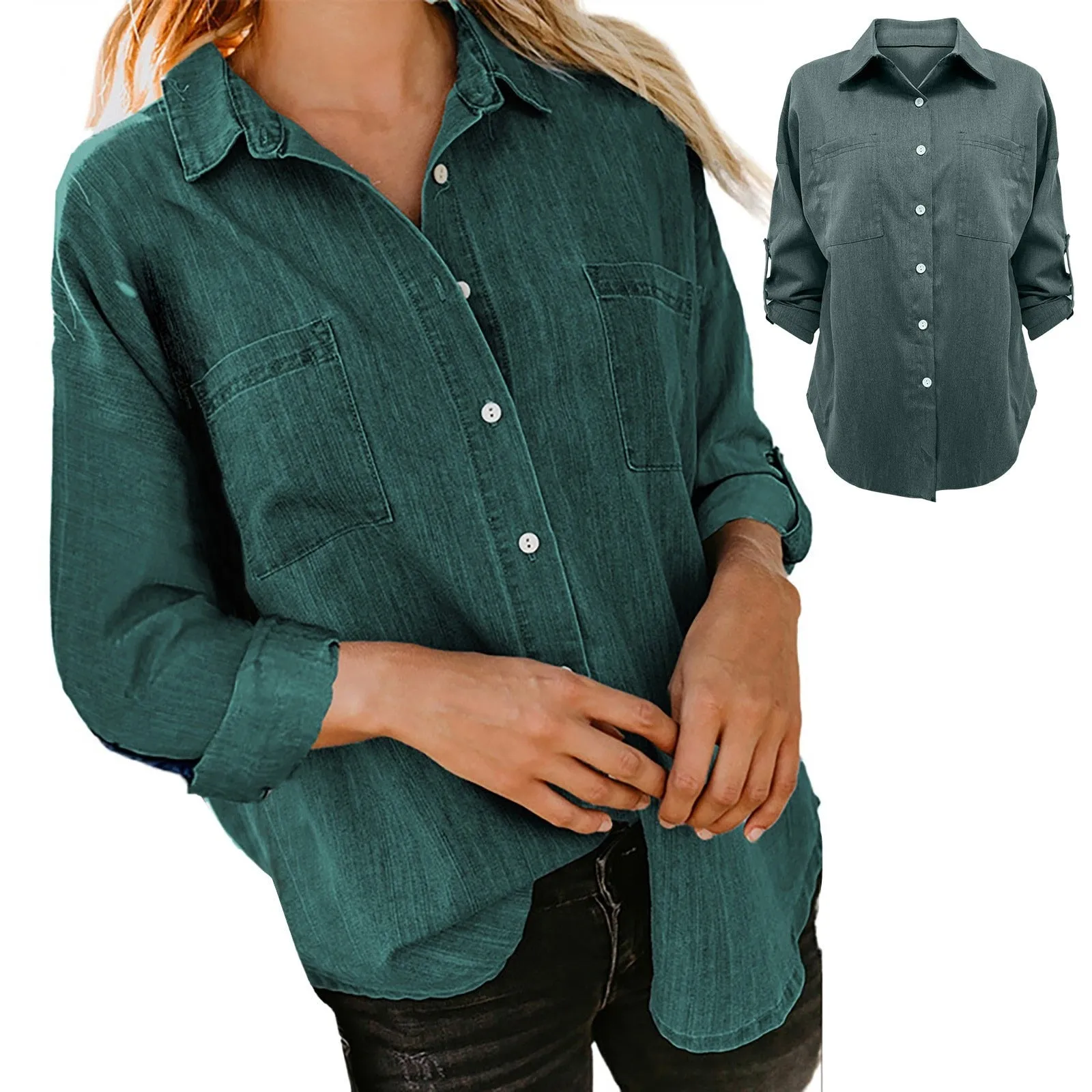 Women'S Denim Shirt Loose Double Pocket Long Sleeved Versatile Casual Blouses - WSB8542