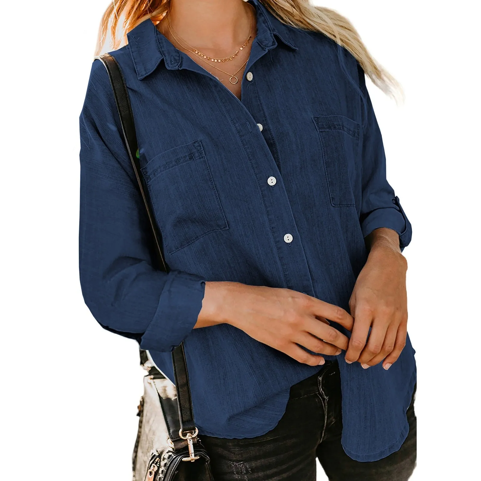 Women'S Denim Shirt Loose Double Pocket Long Sleeved Versatile Casual Blouses - WSB8542