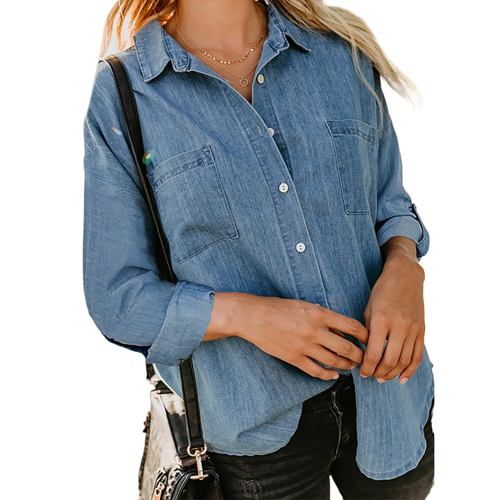 Women'S Denim Shirt Loose Double Pocket Long Sleeved Versatile Casual Blouses - WSB8542