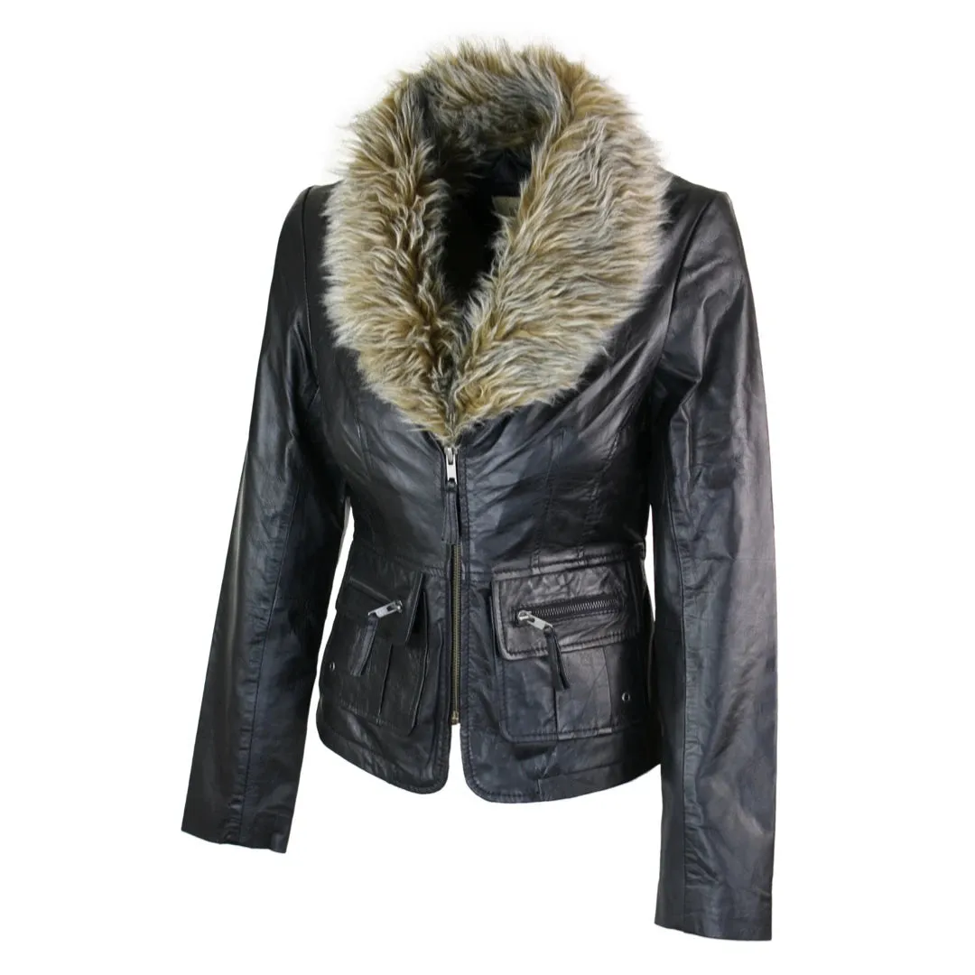 Women's New Short Black Leather Jacket Coat Faux Fur Collar