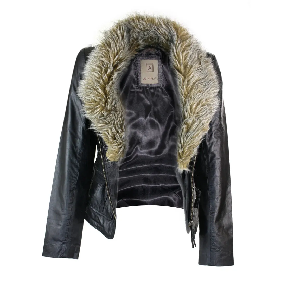 Women's New Short Black Leather Jacket Coat Faux Fur Collar