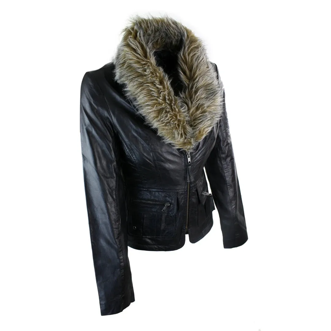 Women's New Short Black Leather Jacket Coat Faux Fur Collar