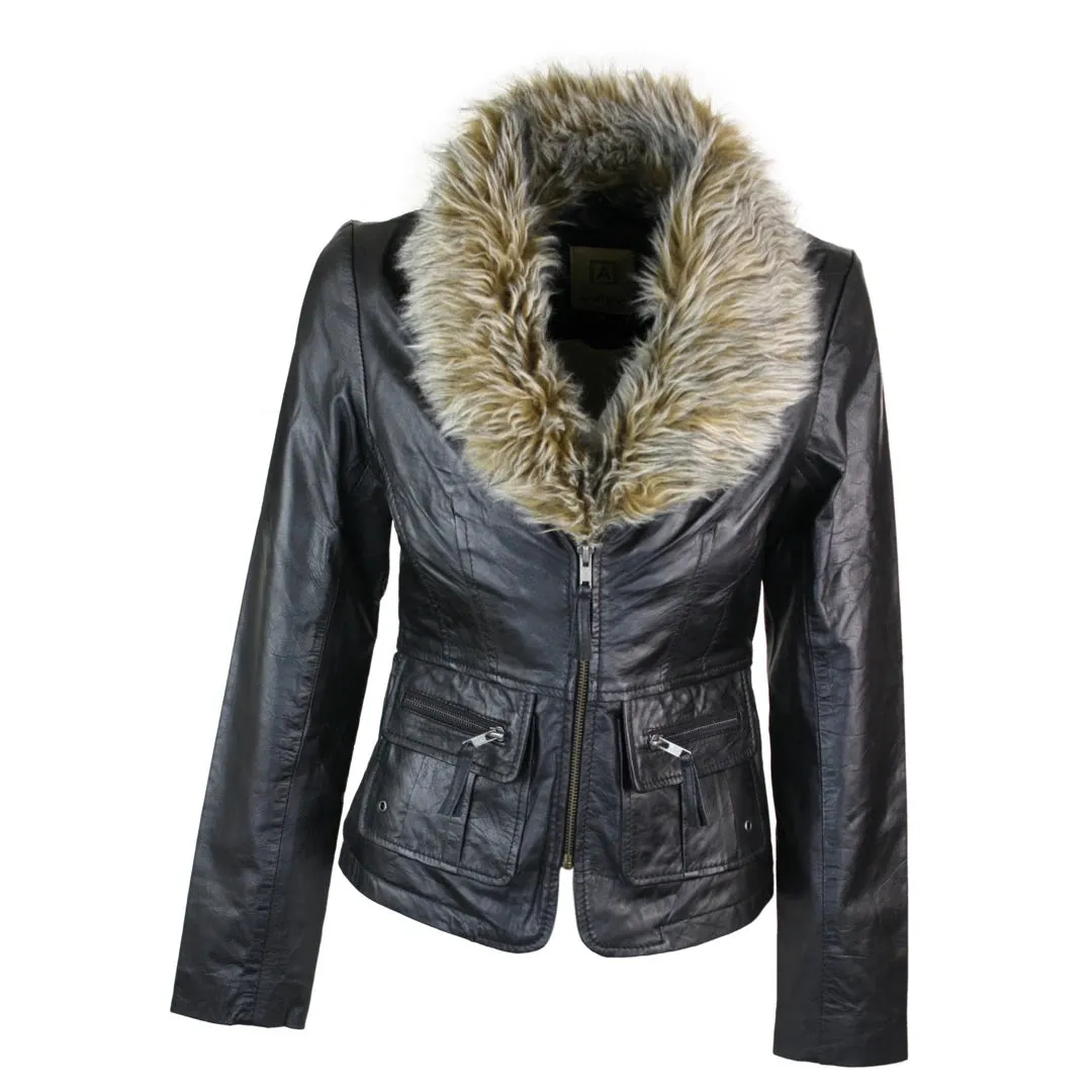 Women's New Short Black Leather Jacket Coat Faux Fur Collar