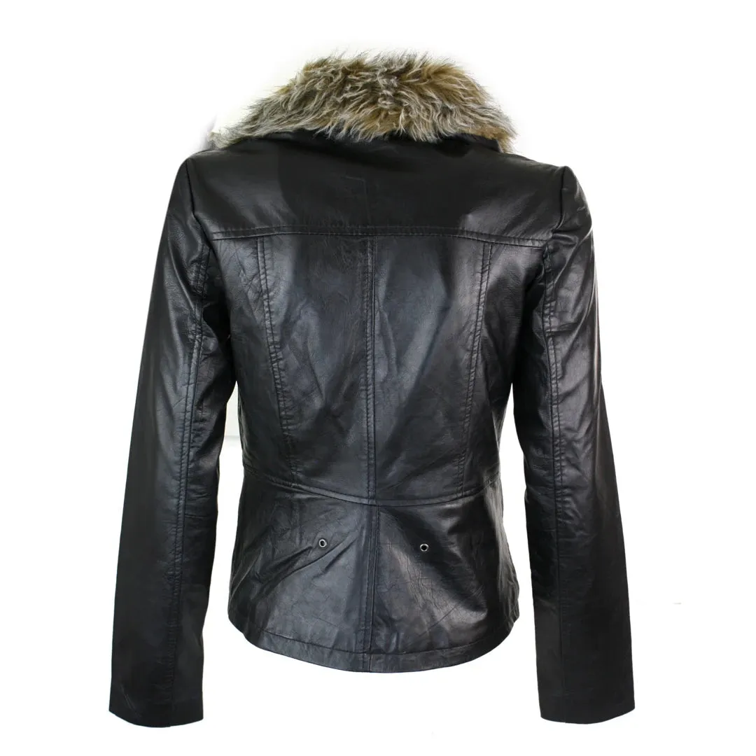 Women's New Short Black Leather Jacket Coat Faux Fur Collar